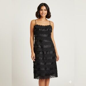 Tadashi Shoji lace silk tiered midi dress cocktail black formal wedding gown